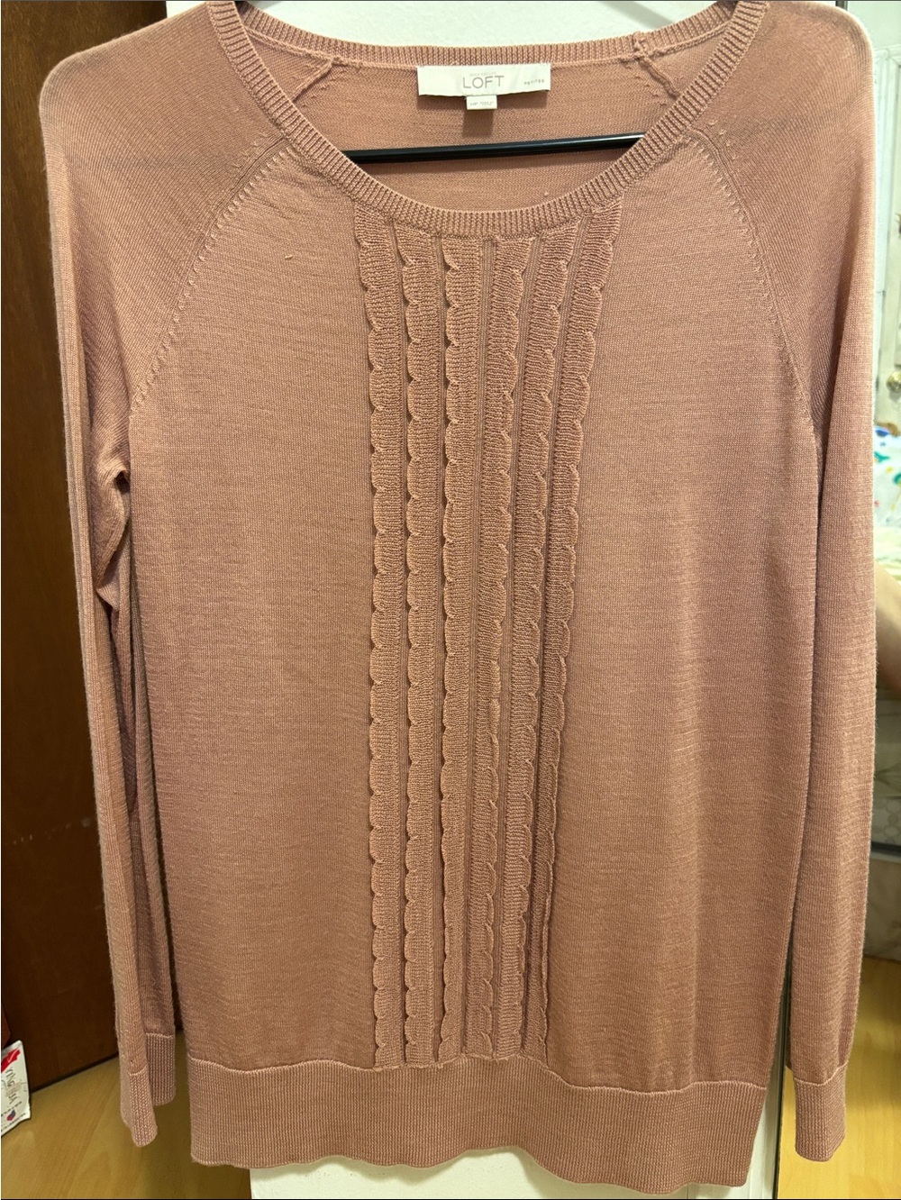LOFT Dusty Rose Cable-Front Scoop-Neck Sweater